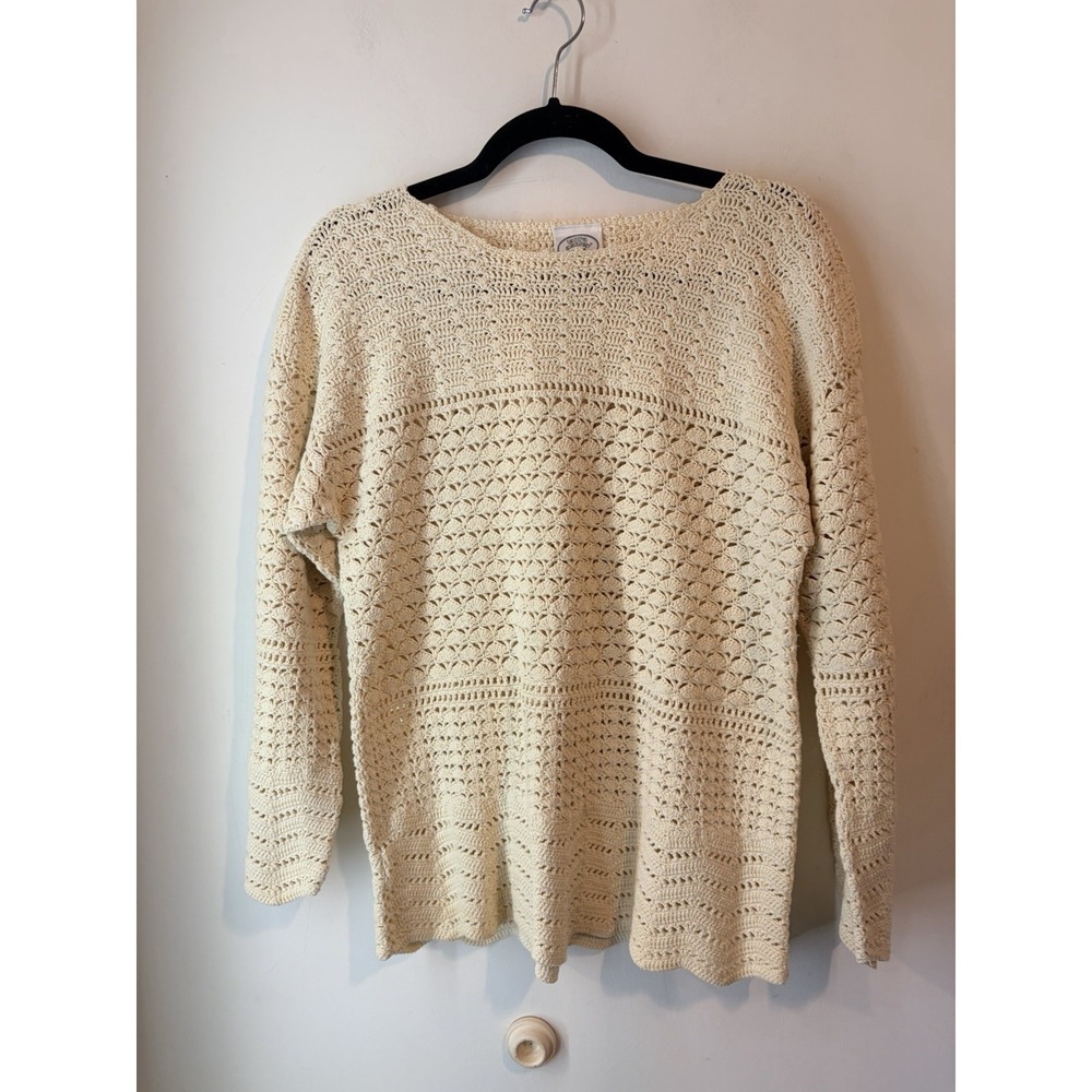 Vintage Laura Ashley Open Knit Crochet Sweater Ivory Small Relaxed Fit
